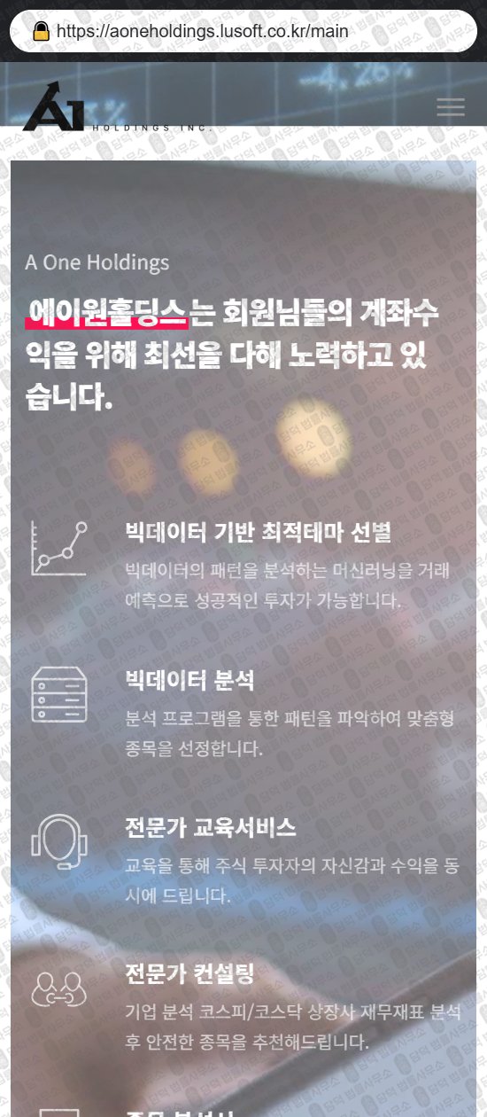 이 사진은 담덕법률사무소에서 캡쳐해둔 에이원홀딩스(ONE Holdings) 웹사이트 캡쳐 사진이며 URL은 lusoft.co.kr 입니다.