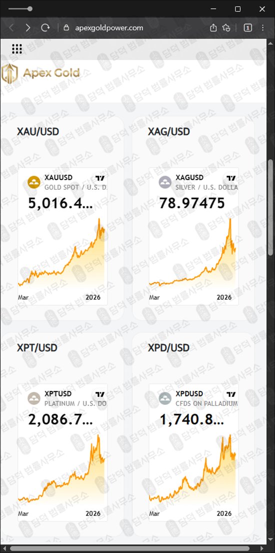 이 사진은 담덕법률사무소에서 캡쳐해둔 금투자(APEX GOLD) 웹사이트 캡쳐 사진이며 URL은 apexgoldpower.com 입니다.