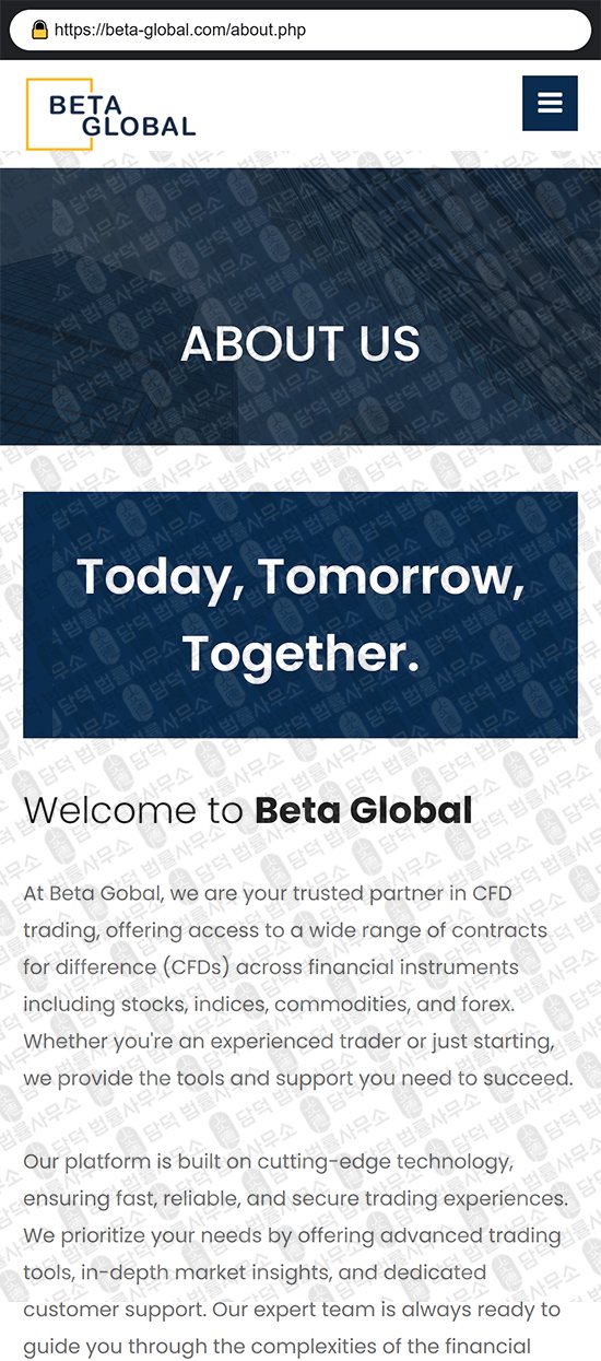 이 사진은 담덕법률사무소에서 캡쳐해둔 사칭(BetaGlobal) 웹사이트 캡쳐 사진이며 URL은 beta-global.com 입니다.