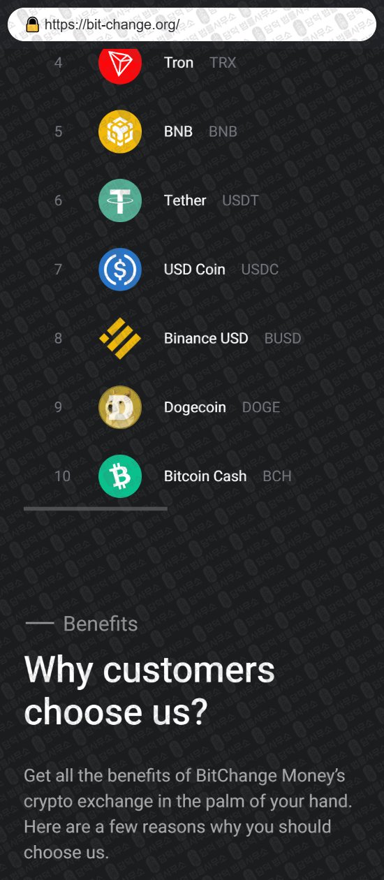 이 사진은 담덕법률사무소에서 캡쳐해둔 비트체인지머니(BitChange Money) 웹사이트 캡쳐 사진이며 URL은 bit-change.org 입니다.