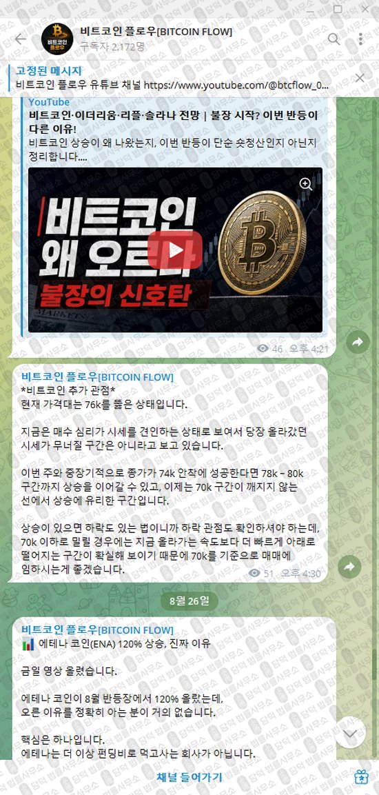 이 사진은 담덕법률사무소에서 캡쳐해둔 비트코인(BITCOIN FLOW) 웹사이트 캡쳐 사진이며 URL은 t.me 입니다.