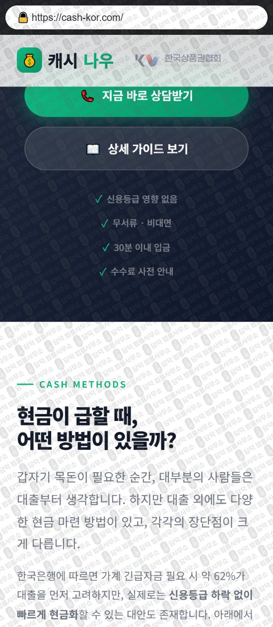 이 사진은 담덕법률사무소에서 캡쳐해둔 캐시나우(PIN) 웹사이트 캡쳐 사진이며 URL은 cash-kor.com 입니다.