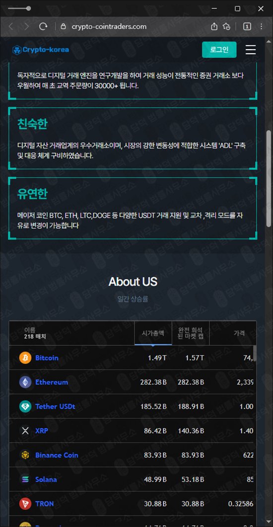 이 사진은 담덕법률사무소에서 캡쳐해둔 크립토코리아(Crypto Korea) 웹사이트 캡쳐 사진이며 URL은 crypto-cointraders.com 입니다.