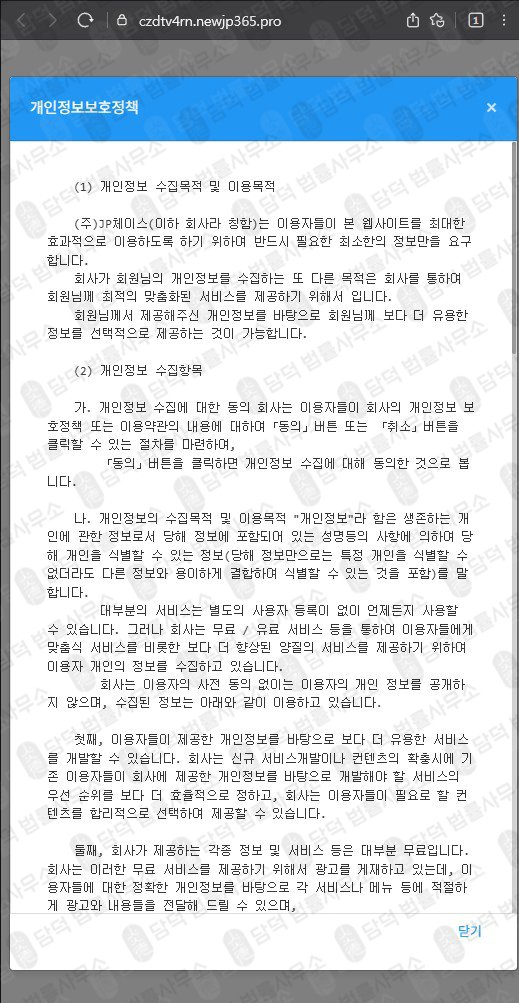 이 사진은 담덕법률사무소에서 캡쳐해둔 체이스(JP) 웹사이트 캡쳐 사진이며 URL은 newjp365.pro 입니다.