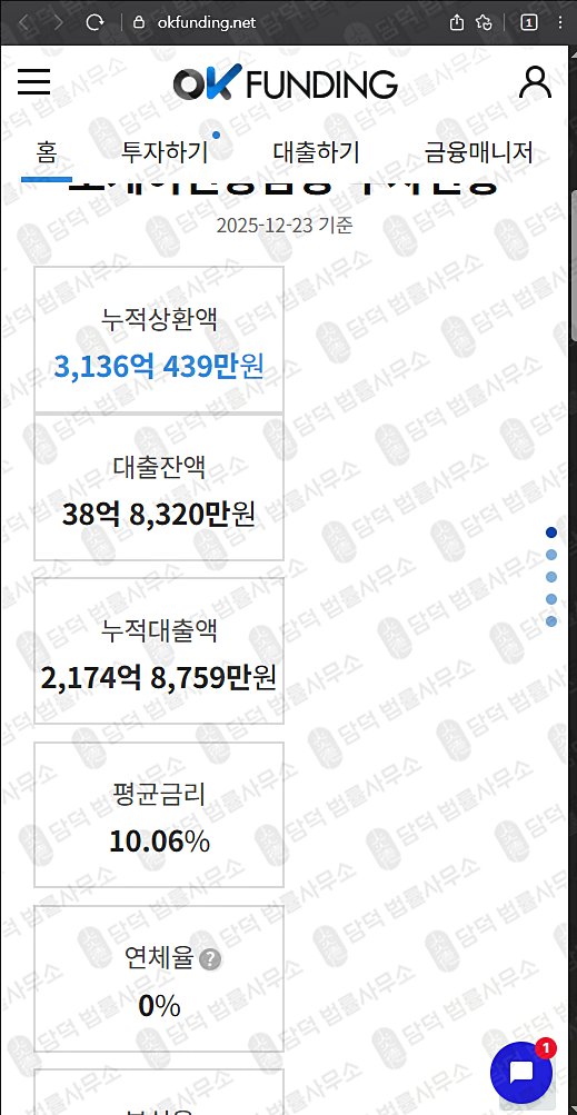 이 사진은 담덕법률사무소에서 캡쳐해둔 펀딩(OK) 웹사이트 캡쳐 사진이며 URL은 okfunding.net 입니다.