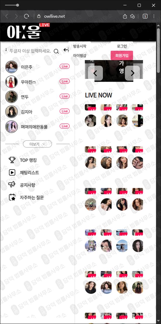 이 사진은 담덕법률사무소에서 캡쳐해둔 아울라이브(Owllive) 웹사이트 캡쳐 사진이며 URL은 owllive.net 입니다.