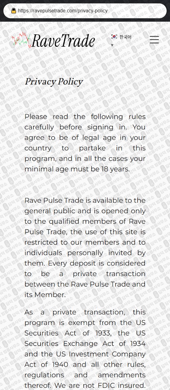 이 사진은 담덕법률사무소에서 캡쳐해둔 레이브(Rave Trading) 웹사이트 캡쳐 사진이며 URL은 ravepulsetrade.com 입니다.