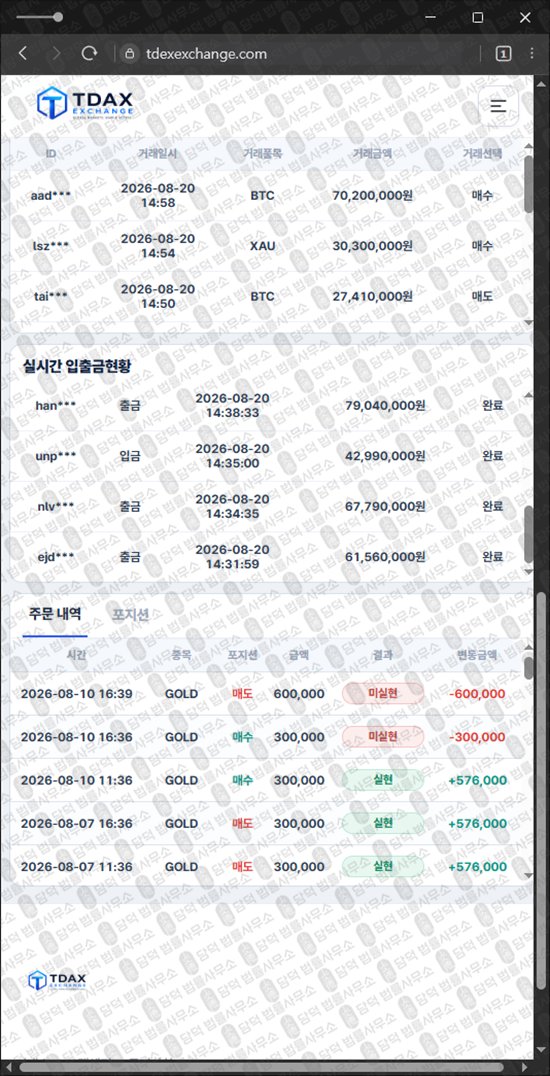 이 사진은 담덕법률사무소에서 캡쳐해둔 티닥스(Tdax Exchange) 웹사이트 캡쳐 사진이며 URL은 tdexexchange.com 입니다.