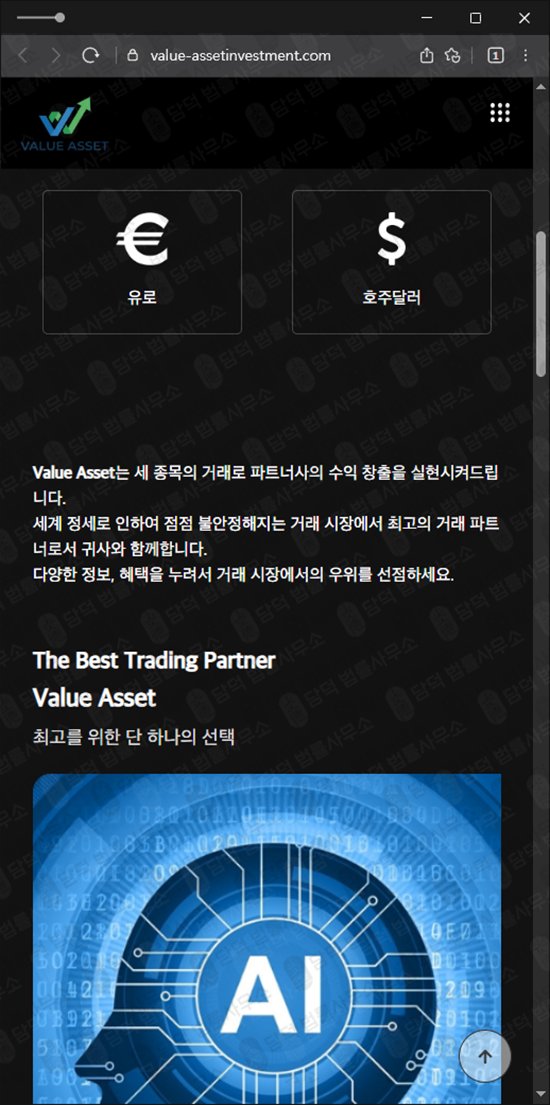 이 사진은 담덕법률사무소에서 캡쳐해둔 밸류(Value Asset) 웹사이트 캡쳐 사진이며 URL은 value-assetinvestment.com 입니다.
